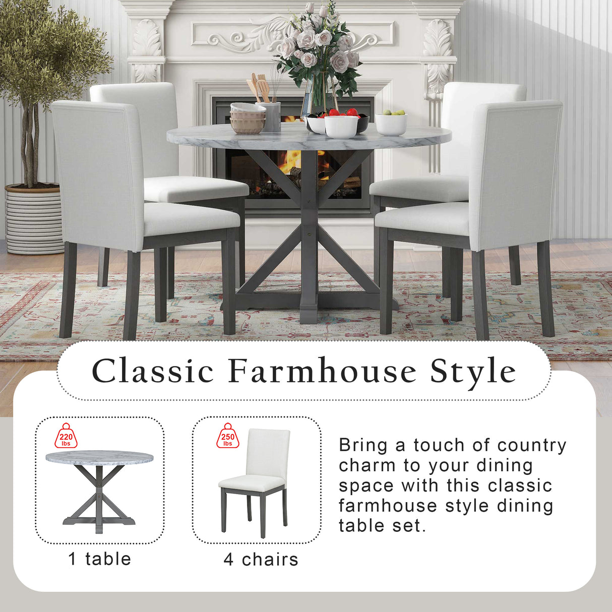 Dining Set with Faux Marble Top and 4 Upholstered Chairs (White+Gray)