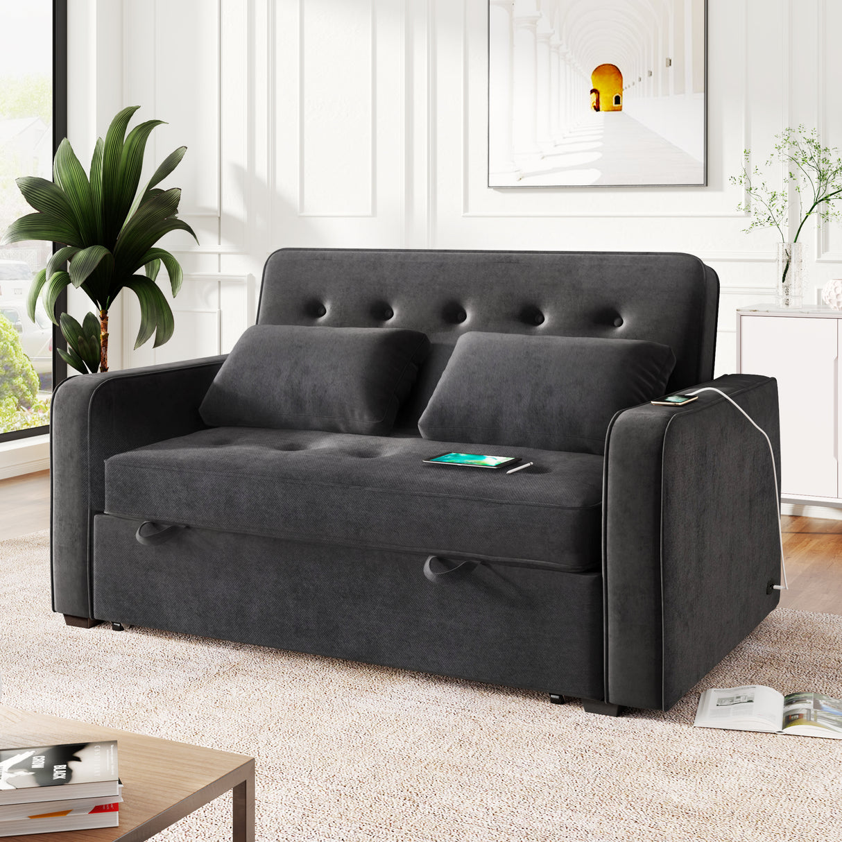 66.5" Upholstered Loveseat With Pull Out Bed, Two Throw Pillows, Dual USB Charging Port and Adjustable Backrest - Black