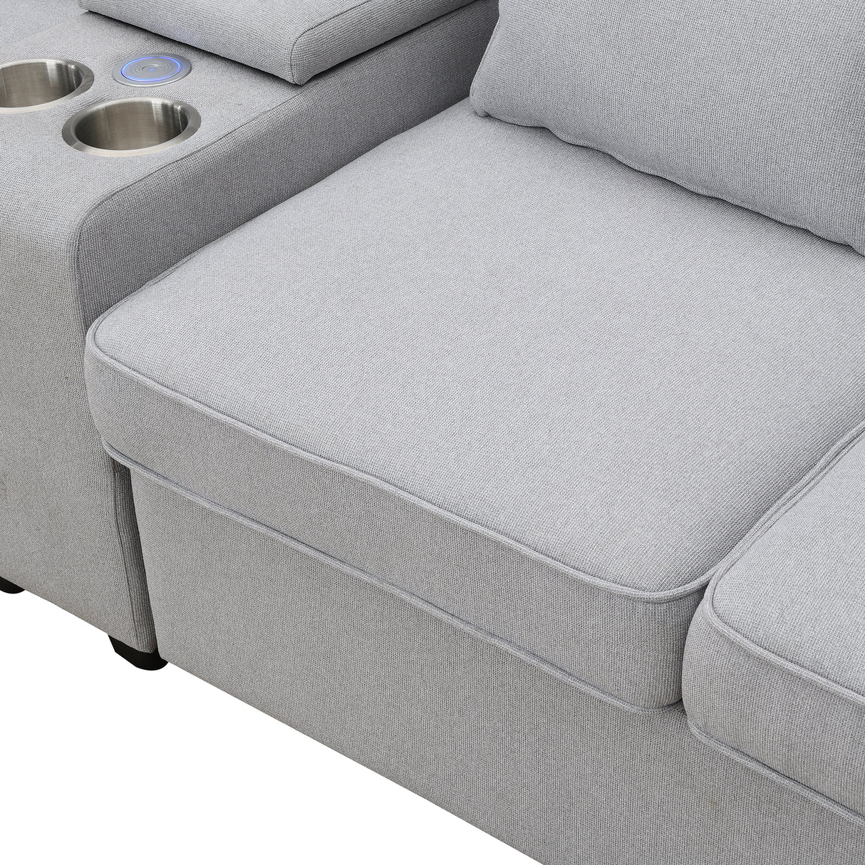 114.2" Upholstered Sofa with Console, 2 Cupholders, 2 USB Ports for Wired or Wireless Charge with 4 Pillows - Light Gray