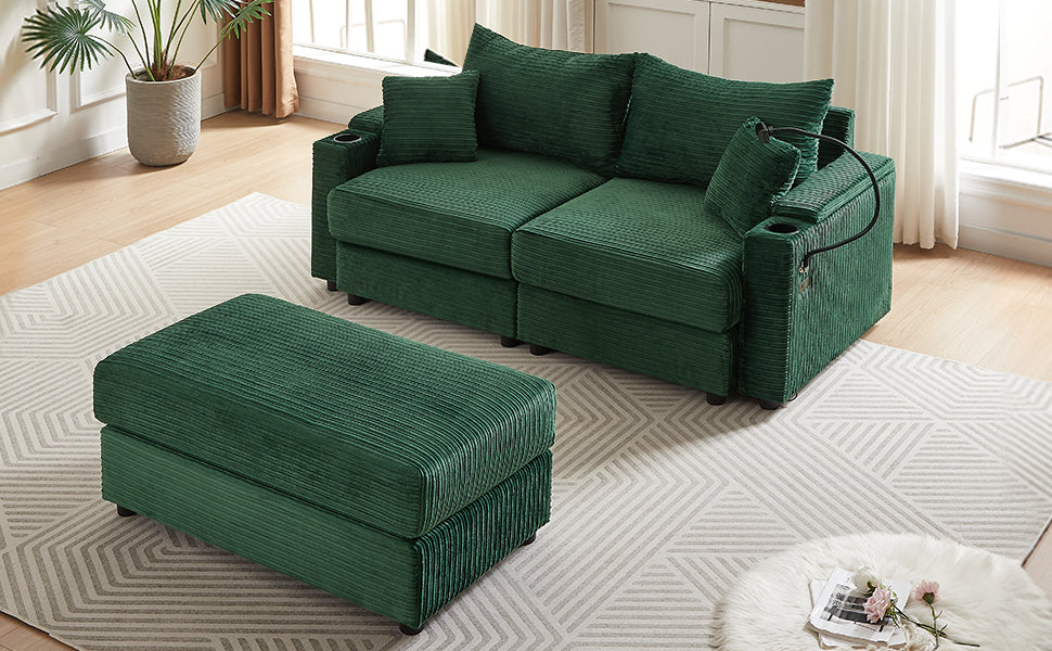 72.8" Modern Style Loveseat with Storage Space, Movable Ottoman, Two USB Ports, Two Cup Holders and Phone Holder - Green