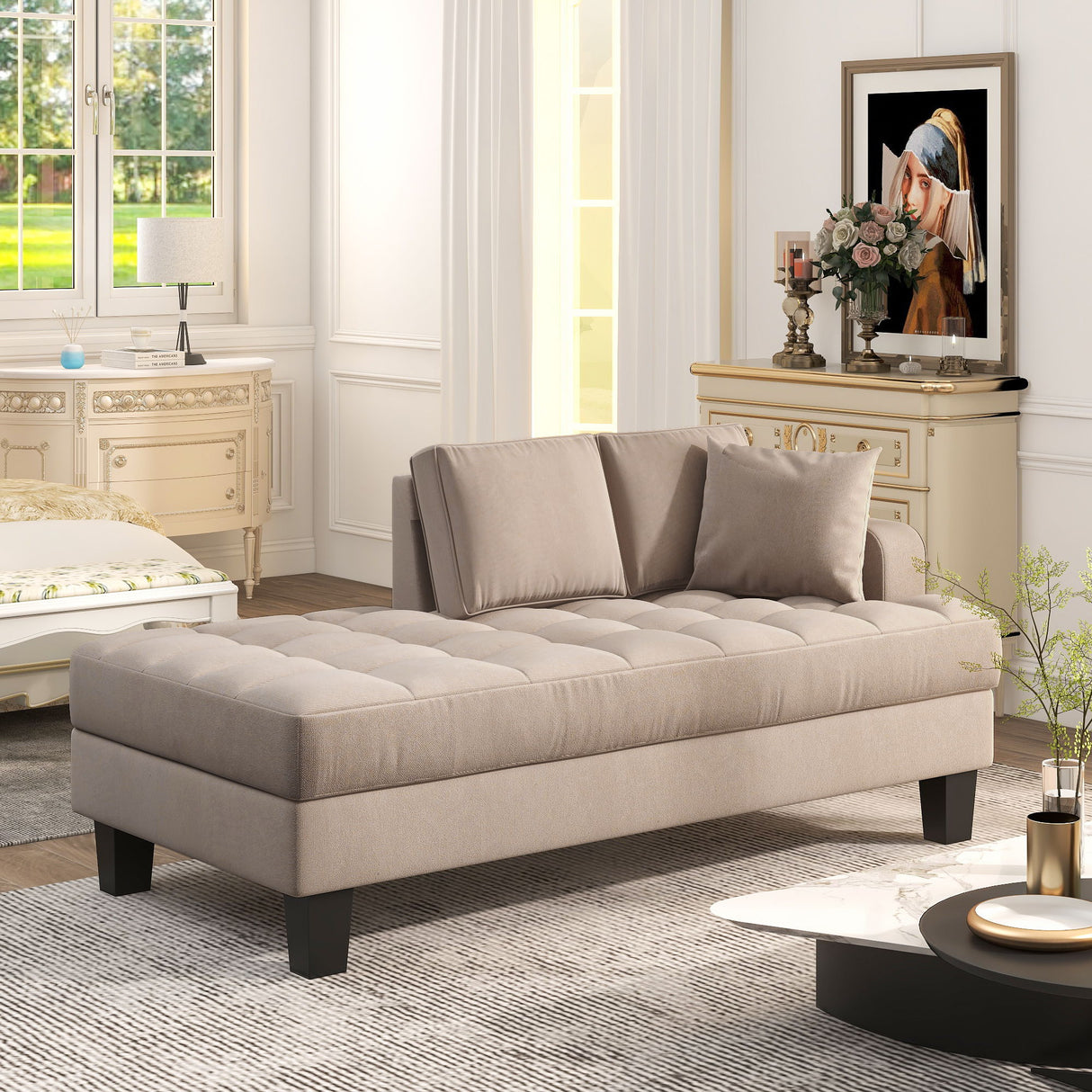 Deep Tufted Upholstered Textured Chaise Lounge With Toss Pillow - Warm Gray