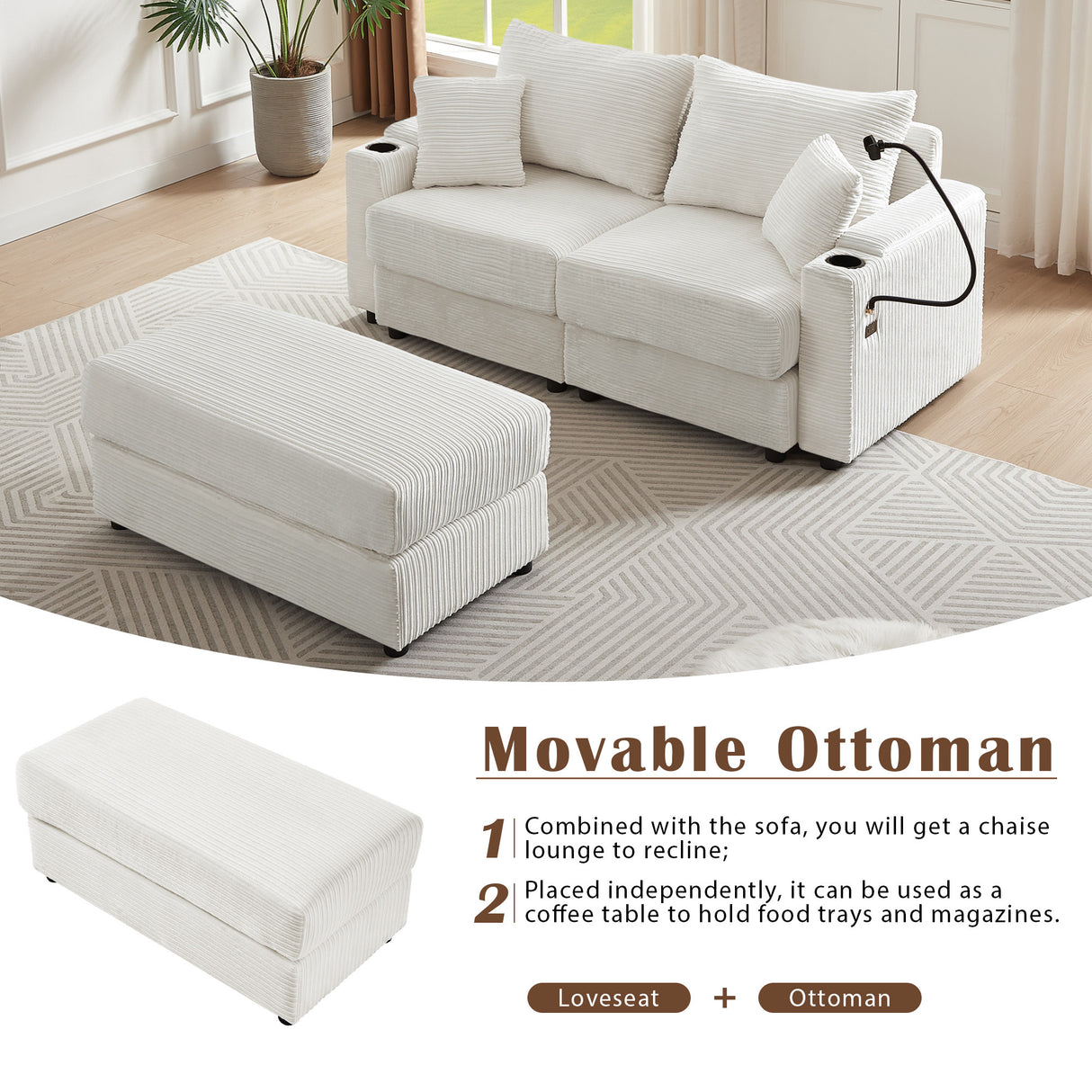 72.8" Modern Style Loveseat with Storage Space, Movable Ottoman, Two USB Ports, Two Cup Holders and Phone Holder - Beige