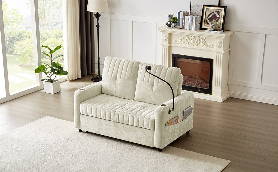 53.9" Modern Sleeper Loveseat with Adjustable Backrest, Two Cup Holders, Phone Holder, Three Charging Ports and Side Storage Pocket , Beige