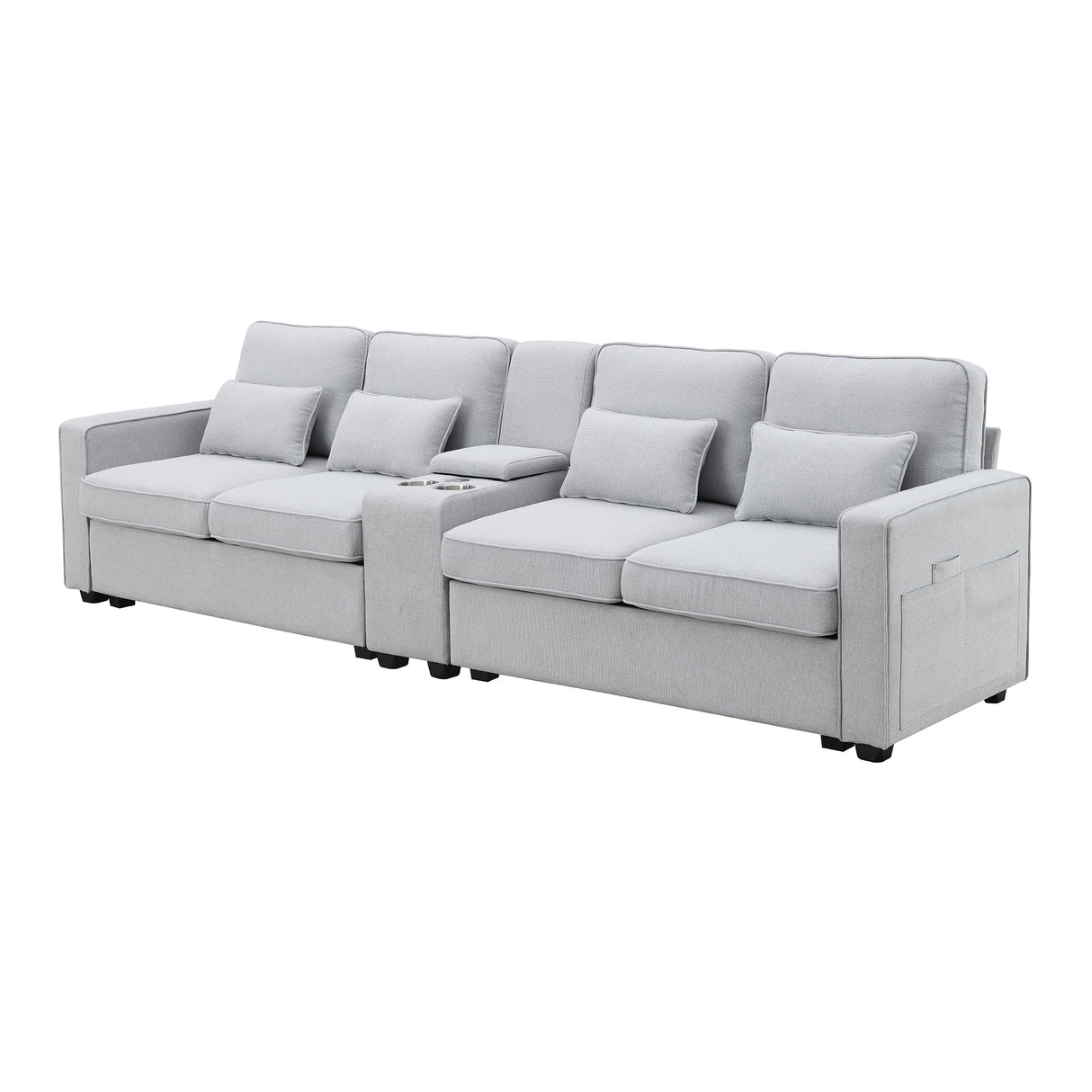 114.2" Upholstered Sofa with Console, 2 Cupholders, 2 USB Ports for Wired or Wireless Charge with 4 Pillows - Light Gray