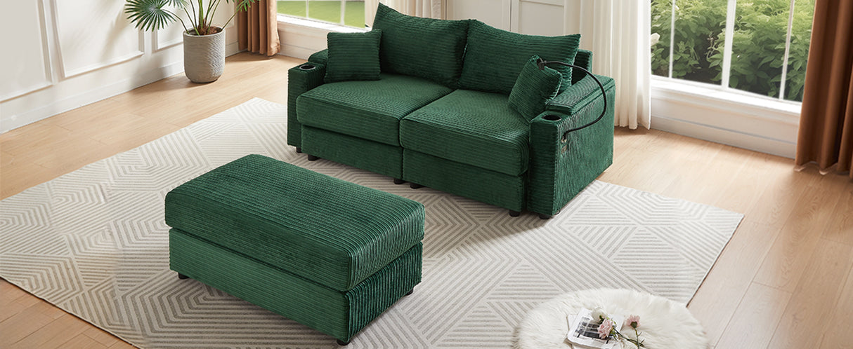 72.8" Modern Style Loveseat with Storage Space, Movable Ottoman, Two USB Ports, Two Cup Holders and Phone Holder - Green