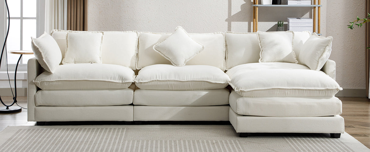 112.2" Chenille Upholstered Sofa with Ottoman and 5 Pillows - Off White