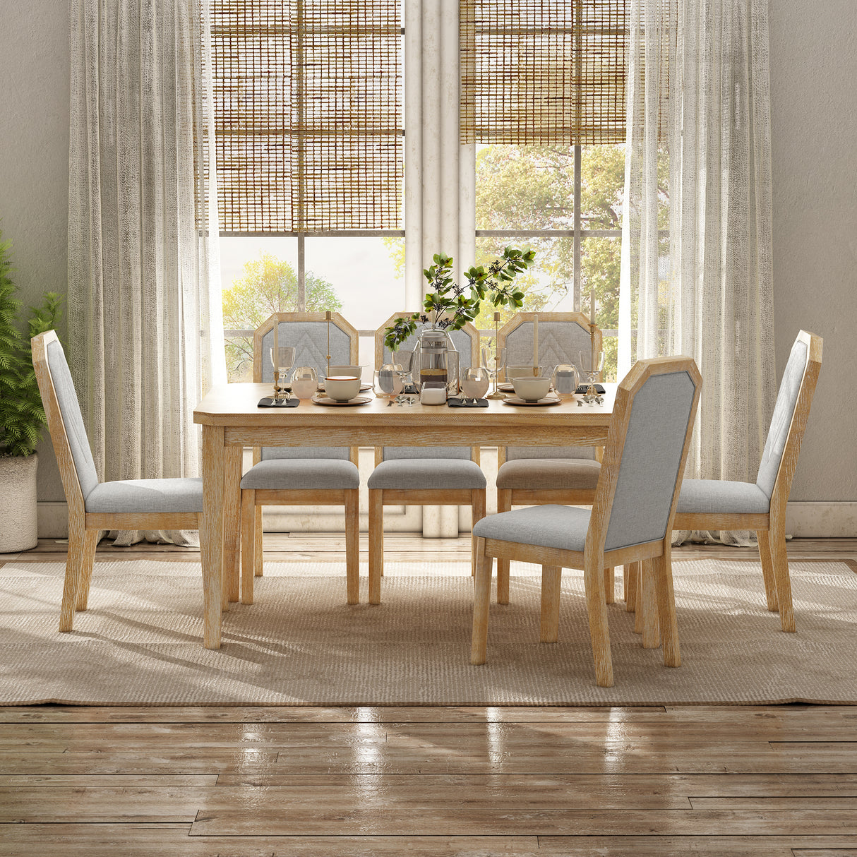 TREXM 7-Piece Farmhouse Dining Set With 6 high-back Chairs f (Natural Wood Wash)