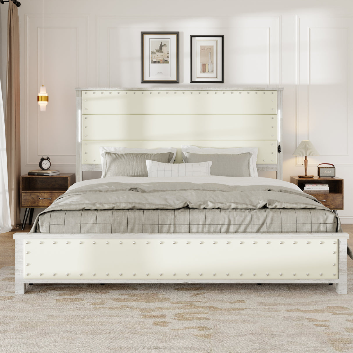 King Size Bed with Upholstered Headboard and 4 Storage Drawers - Beige