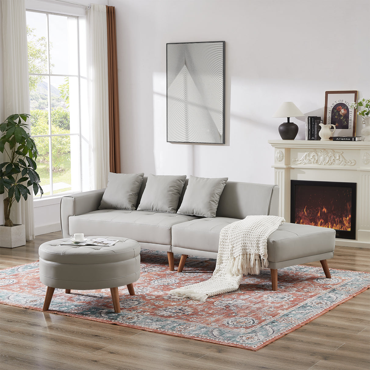 107" Contemporary Sofa with a Round Storage Ottoman and Three Removable Pillows - Grey