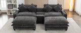 112.6" Chenille Upholstered Sofa with Two Ottomans, Two USB Ports, Two Cup Holders and Large Storage Box -Dark Gray