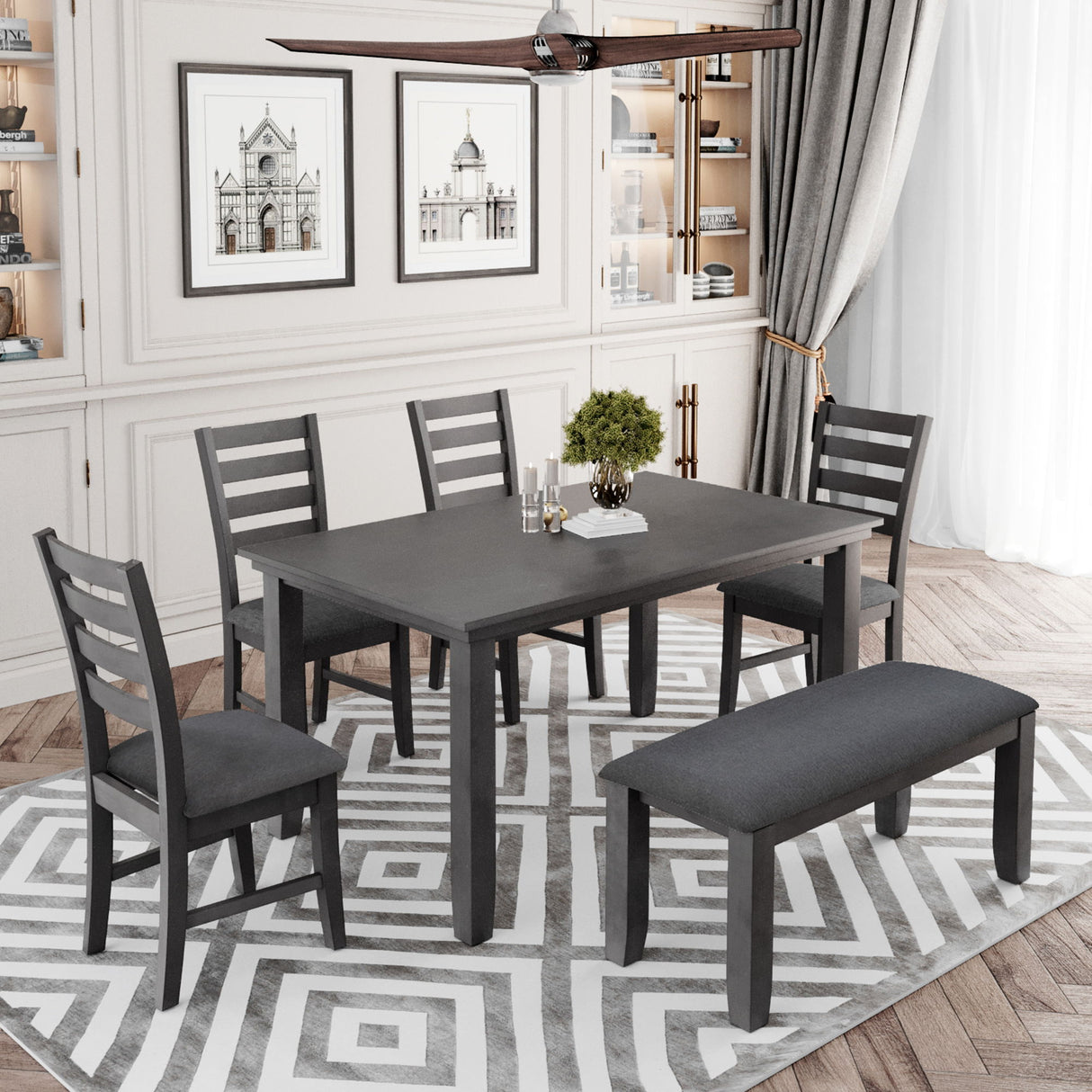 6 PC Dining Set With Table, Bench and 4 Chairs - Gray