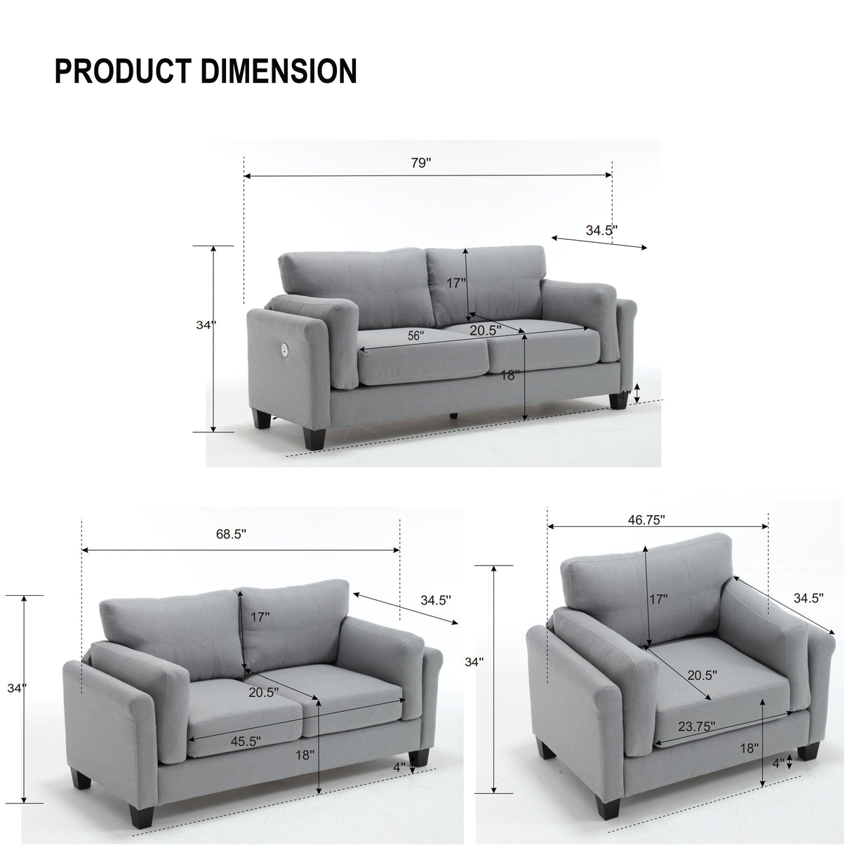 Modern 3 Piece Living Room Set - Gray