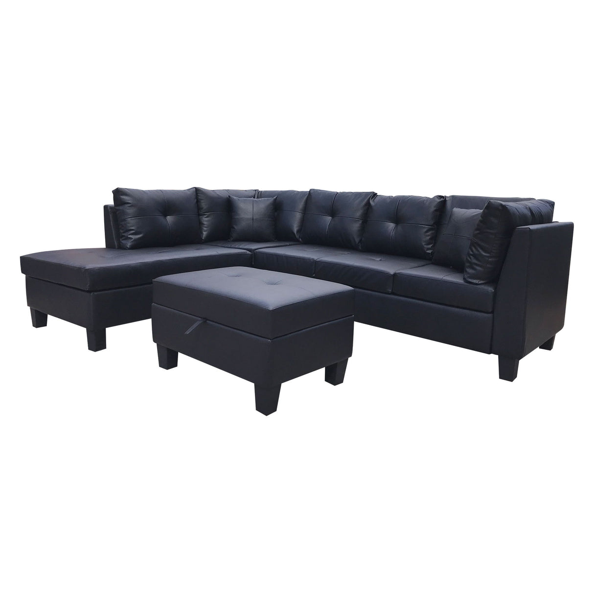 Sectional with Storage Ottoman and 2 Throw Pillows - Black