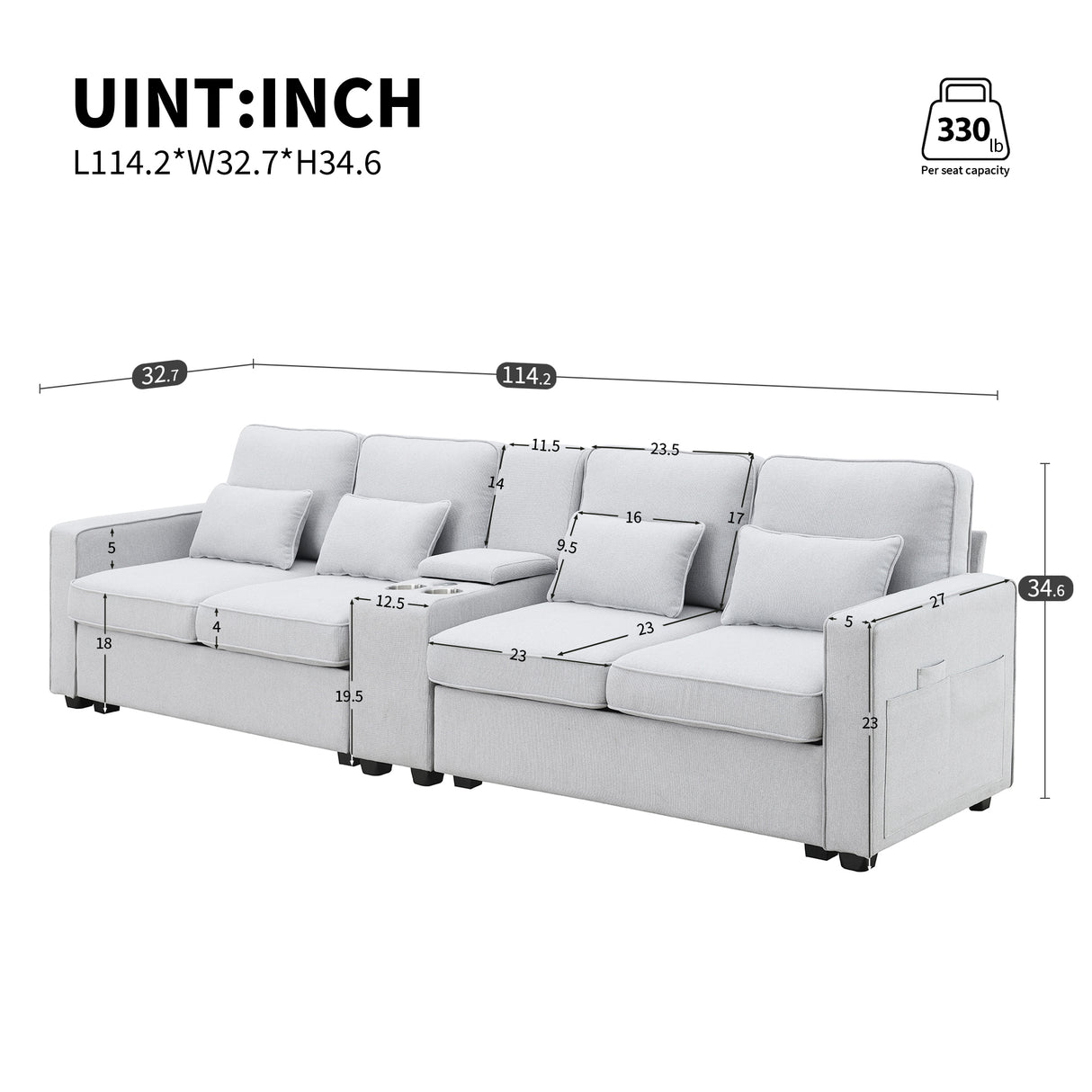 114.2" Upholstered Sofa with Console, 2 Cupholders, 2 USB Ports for Wired or Wireless Charge with 4 Pillows - Light Gray