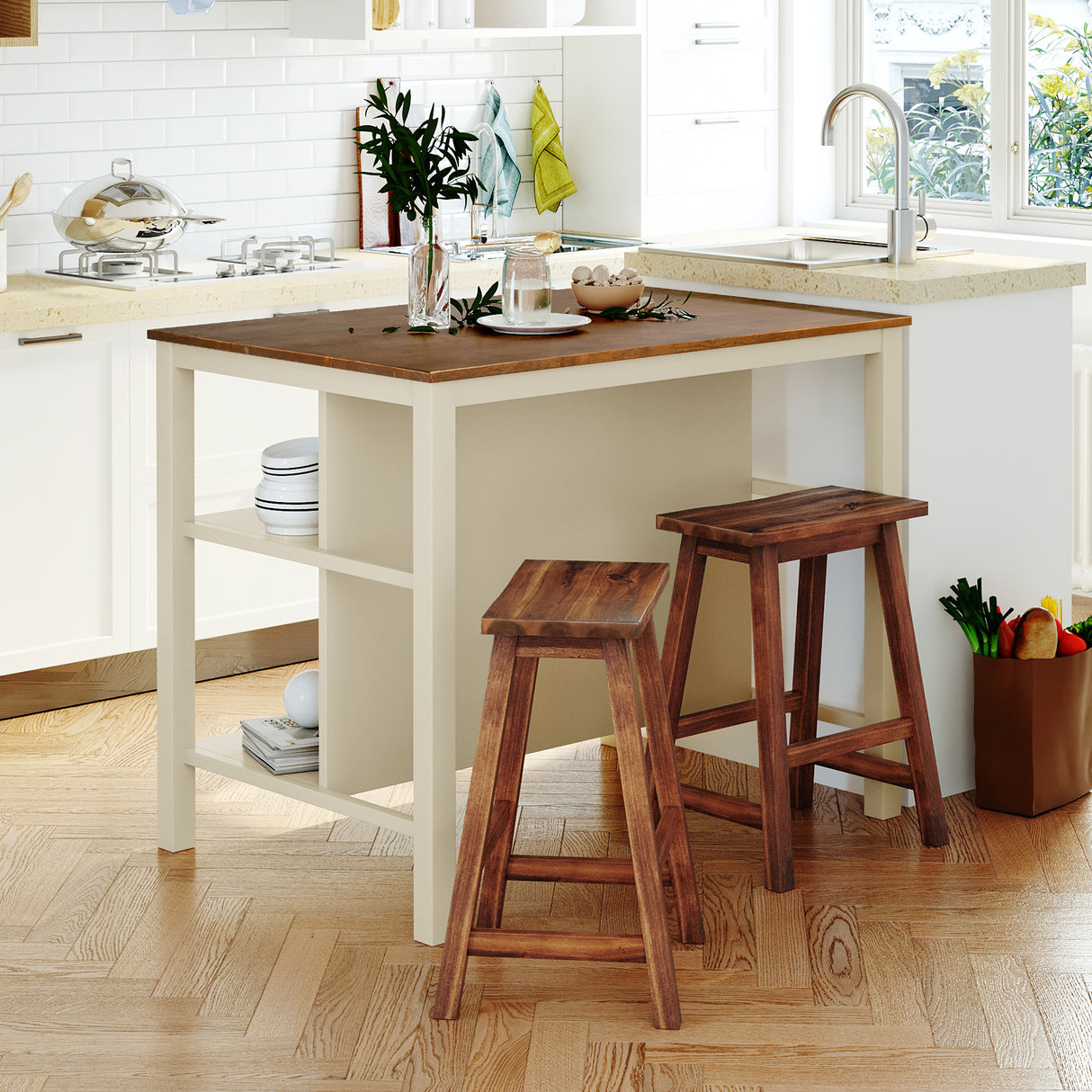 Rustic 3-piece 45" Stationary Kitchen Island Set with 2 Stools and 2 Open Shelves - Walnut + Off White