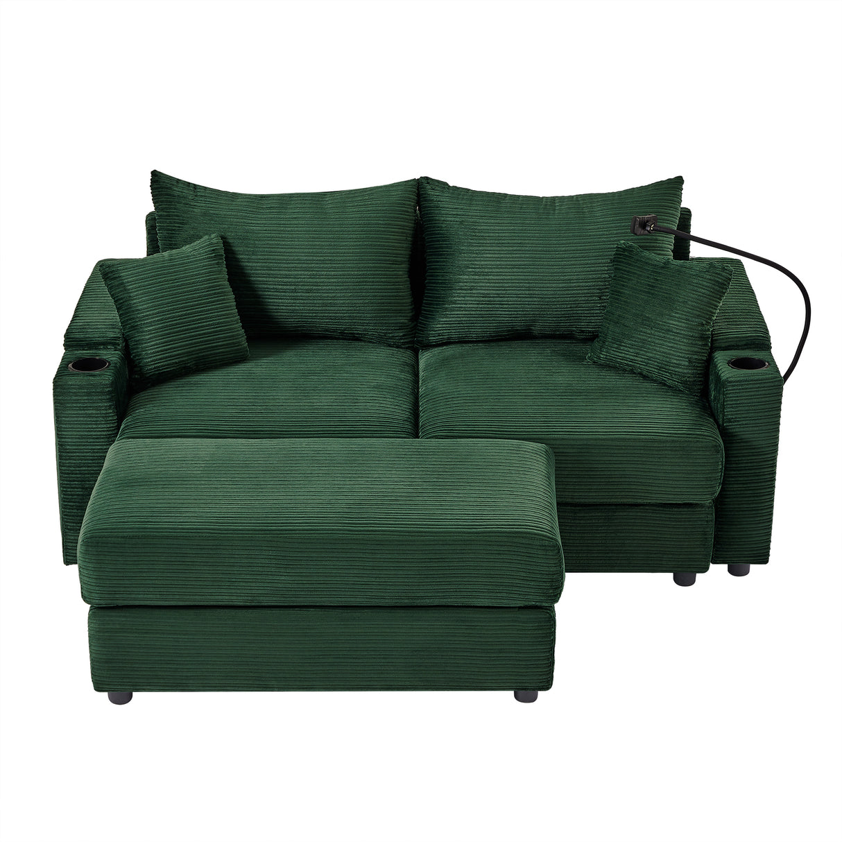 72.8" Modern Style Loveseat with Storage Space, Movable Ottoman, Two USB Ports, Two Cup Holders and Phone Holder - Green