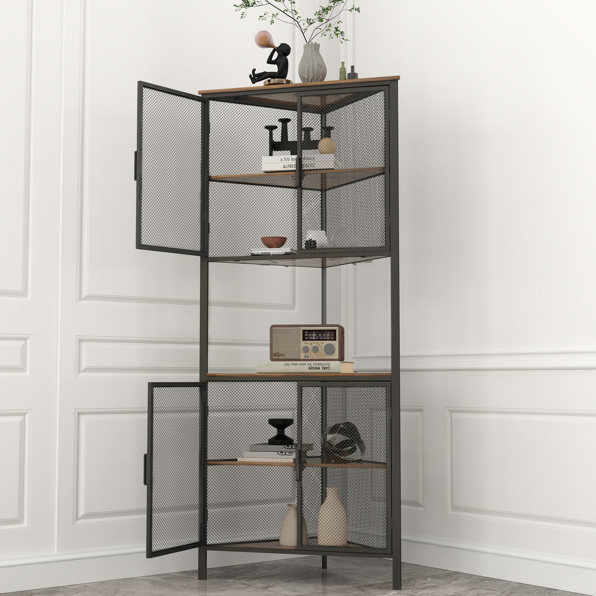 5 Tier Shelf With Metal Mesh Door Bookcase  - Black / Brown