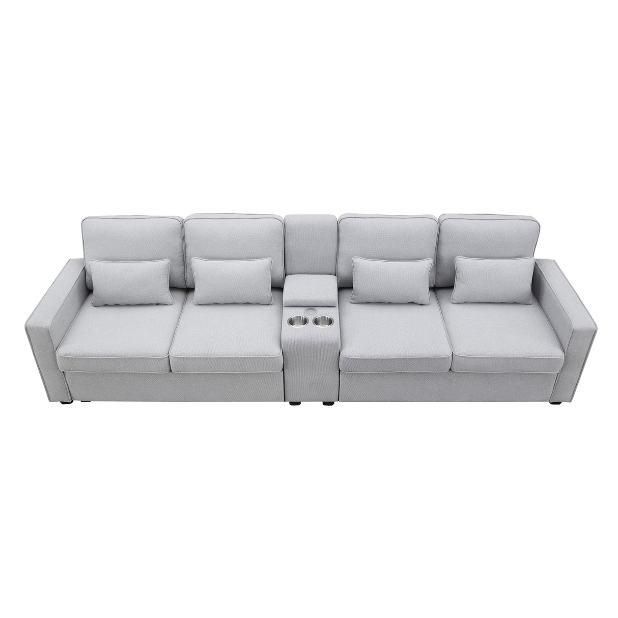 114.2" Upholstered Sofa with Console, 2 Cupholders, 2 USB Ports for Wired or Wireless Charge with 4 Pillows - Light Gray