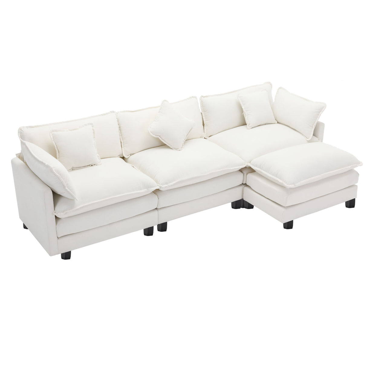 112.2" Chenille Upholstered Sofa with Ottoman and 5 Pillows - Off White