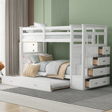 Twin Over Twin Bunk Bed With Trundle And Staircase - White