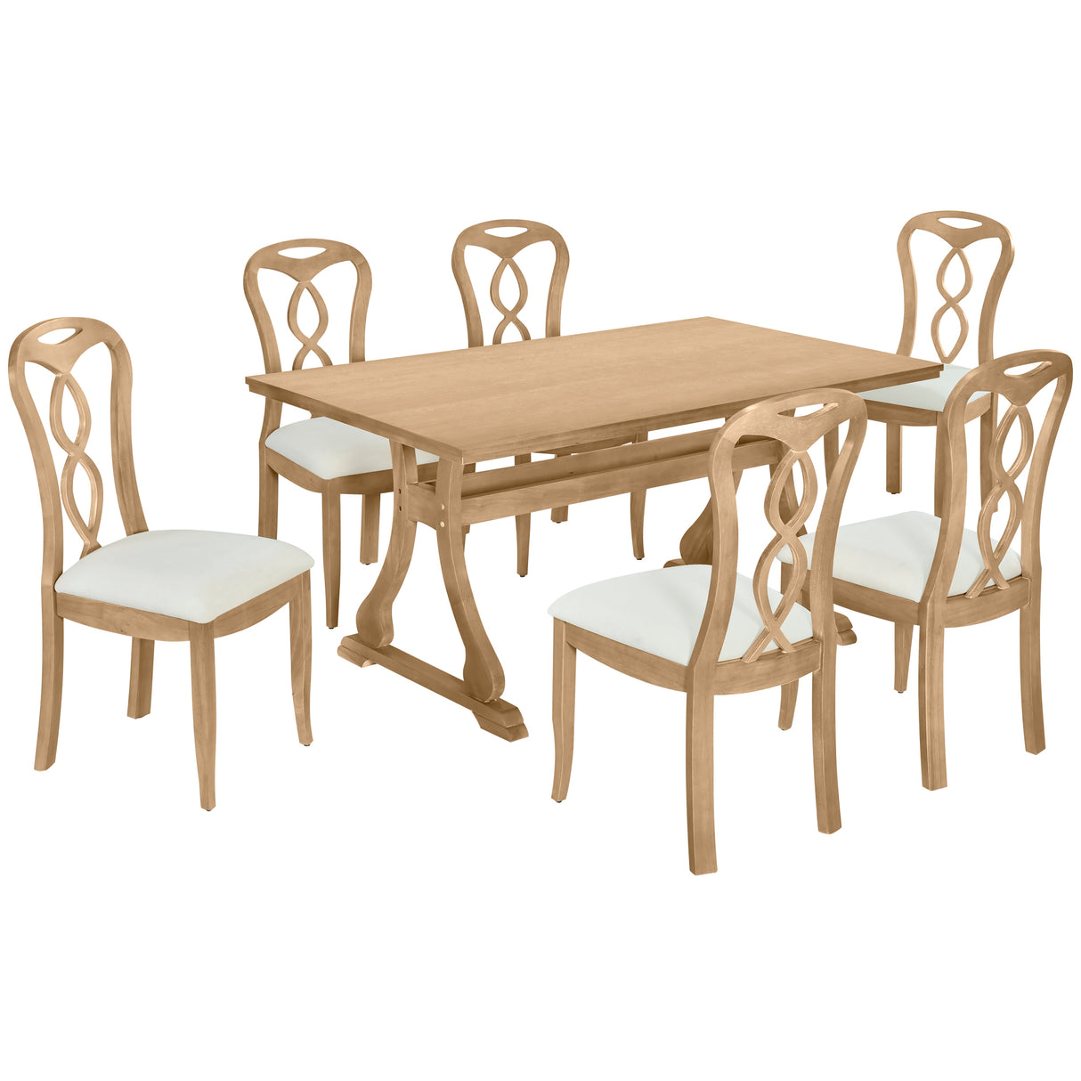 7-Piece Trestle Dining Room Set with Upholstered Dining Chairs - Natural Wood