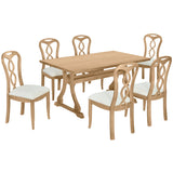 7-Piece Trestle Dining Room Set with Upholstered Dining Chairs - Natural Wood