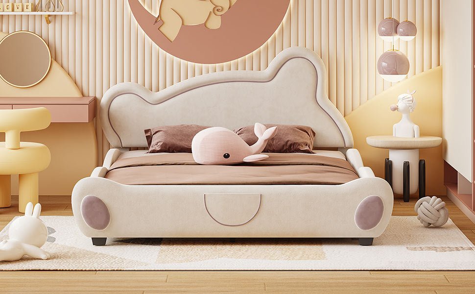 Queen Size Platform Bed with Bear-Shaped Headboard and Storage Pocket, Beige