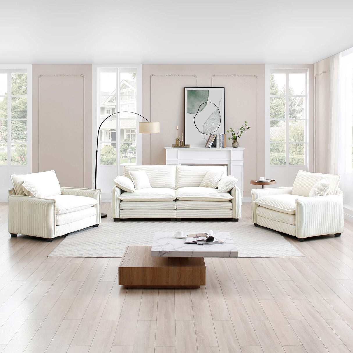 Luxurious and Sophisticated 3 Piece Corduroy Living Room Set with Soft Cushions and Pillows - White