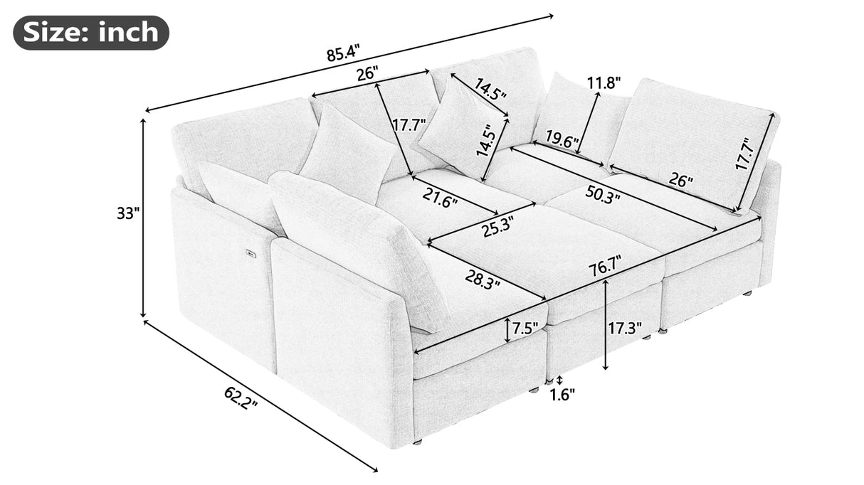 85.4" Modular Sectional Sofa with a Movable Ottoman and Two USB Ports, Beige