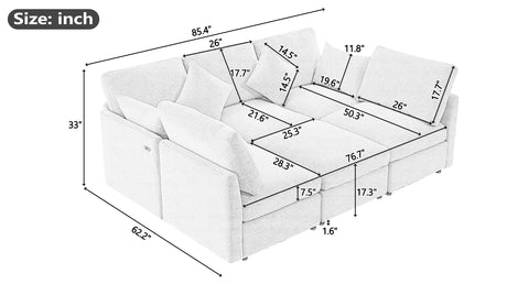 85.4" Modular Sectional Sofa with a Movable Ottoman and Two USB Ports, Beige