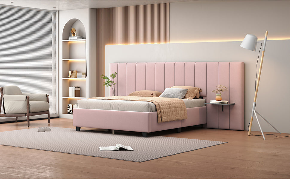 Queen Size Upholstered Platform Bed with Large Headboard - Velvet, Pink