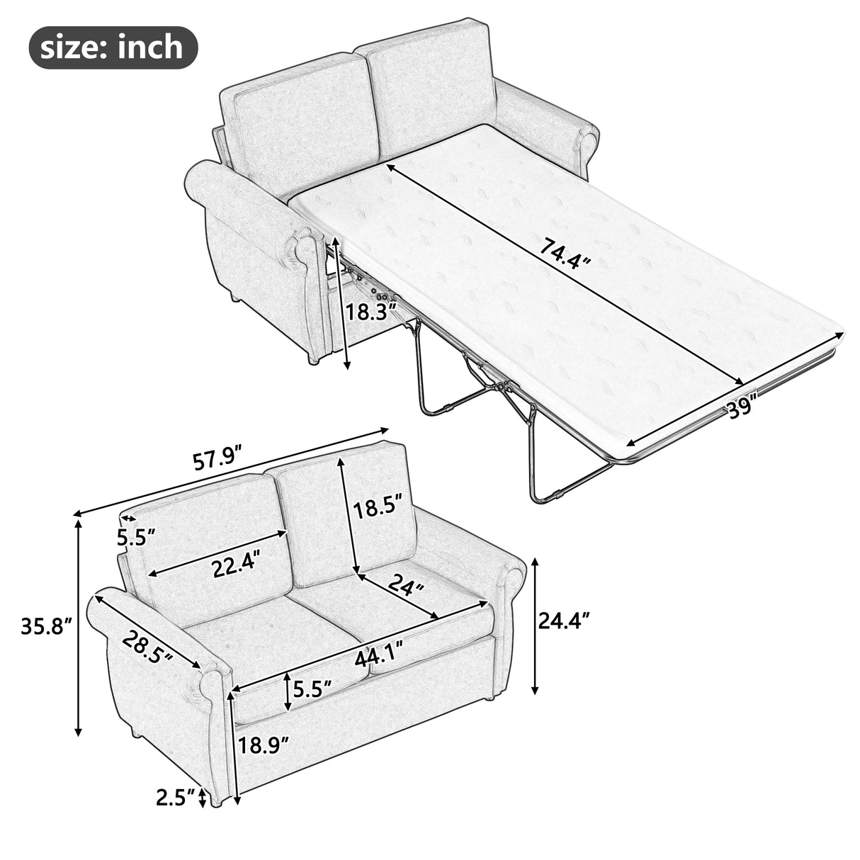 57.9" Sleeper Loveseat with Twin Size Memory Foam Mattress with Two USB Ports - Grey