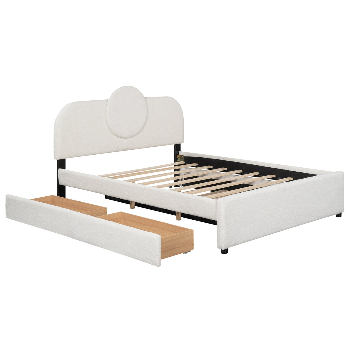 Queen Size Upholstered Platform Bed with Multi-functional Headboard, Trundle and 2 Drawers, White