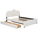 Queen Size Upholstered Platform Bed with Multi-functional Headboard, Trundle and 2 Drawers, White