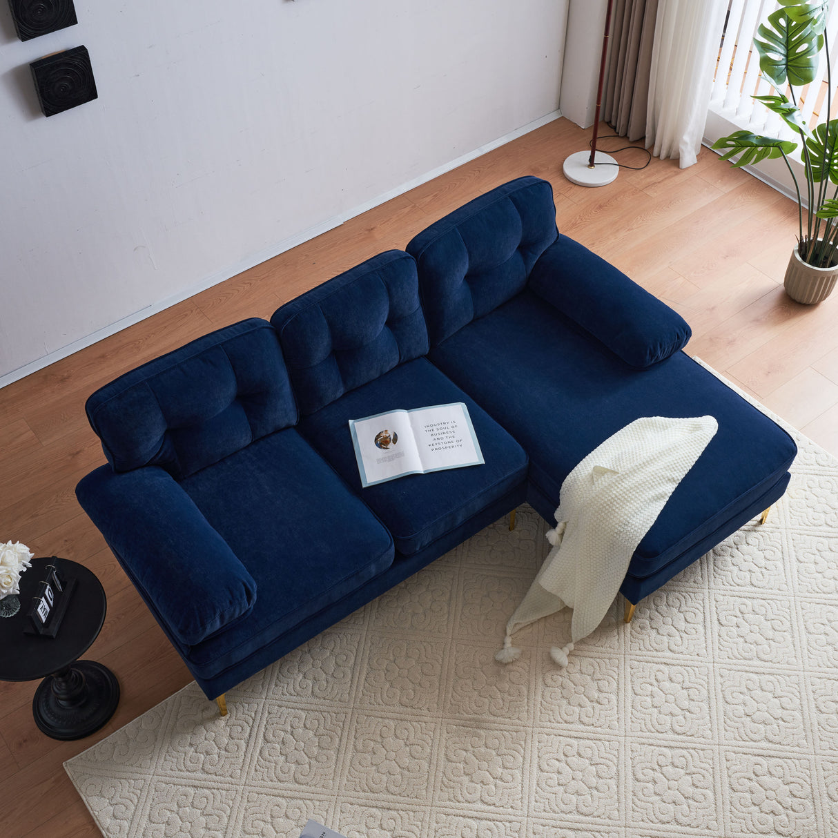 83" Modern Velvet Sofa Chaise - Blue