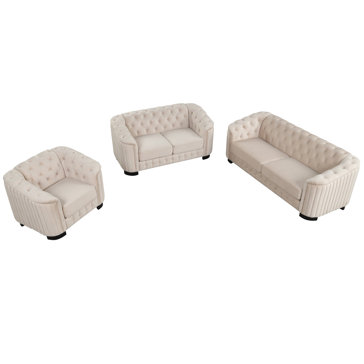 Modern 3-Piece Velvet Upholstered Living Room Set Including Sofa, Love Seat and Chair, Beige