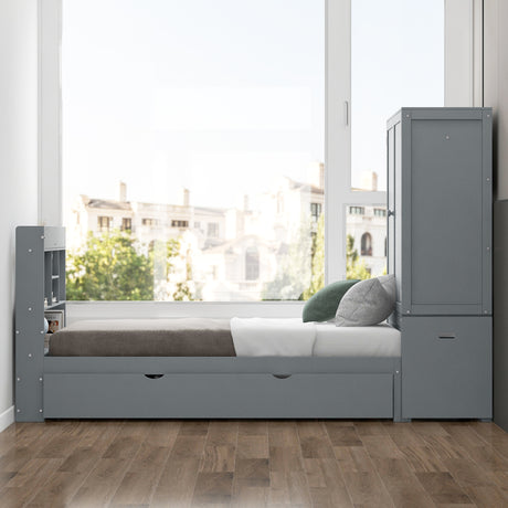 Twin Size Platform Bed with Storage Headboard, Footboard, Pull Out Shelves and Twin Size Trundle, Gray