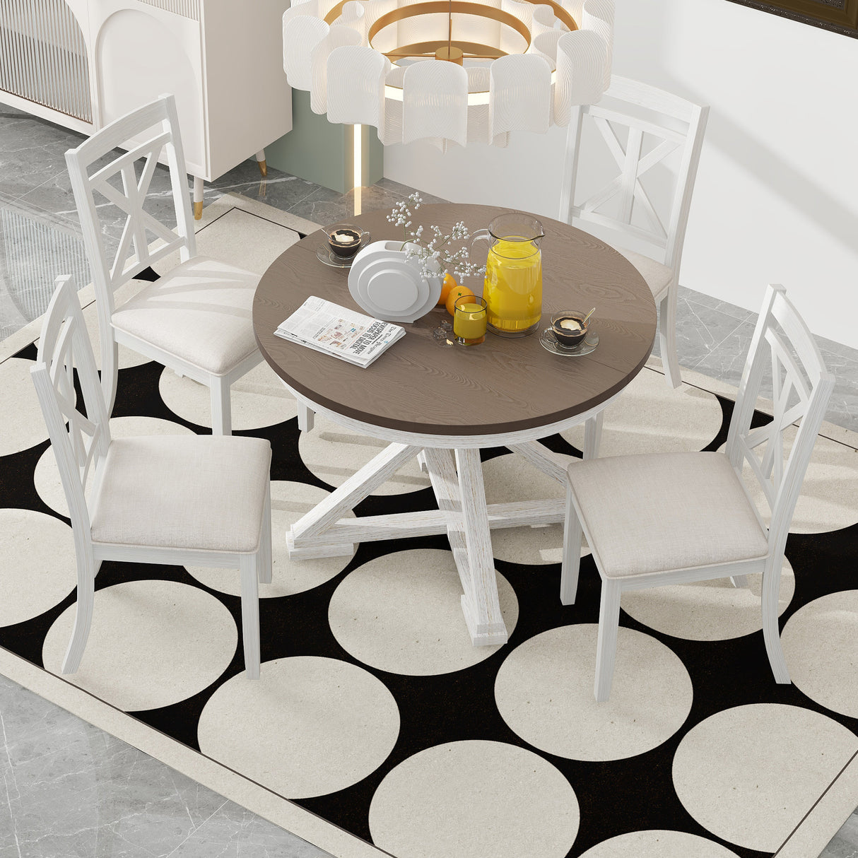 TREXM 5-Piece Dining Set with Butterfly Leaf and 4 Upholstered Chairs (Brown+Antique White)