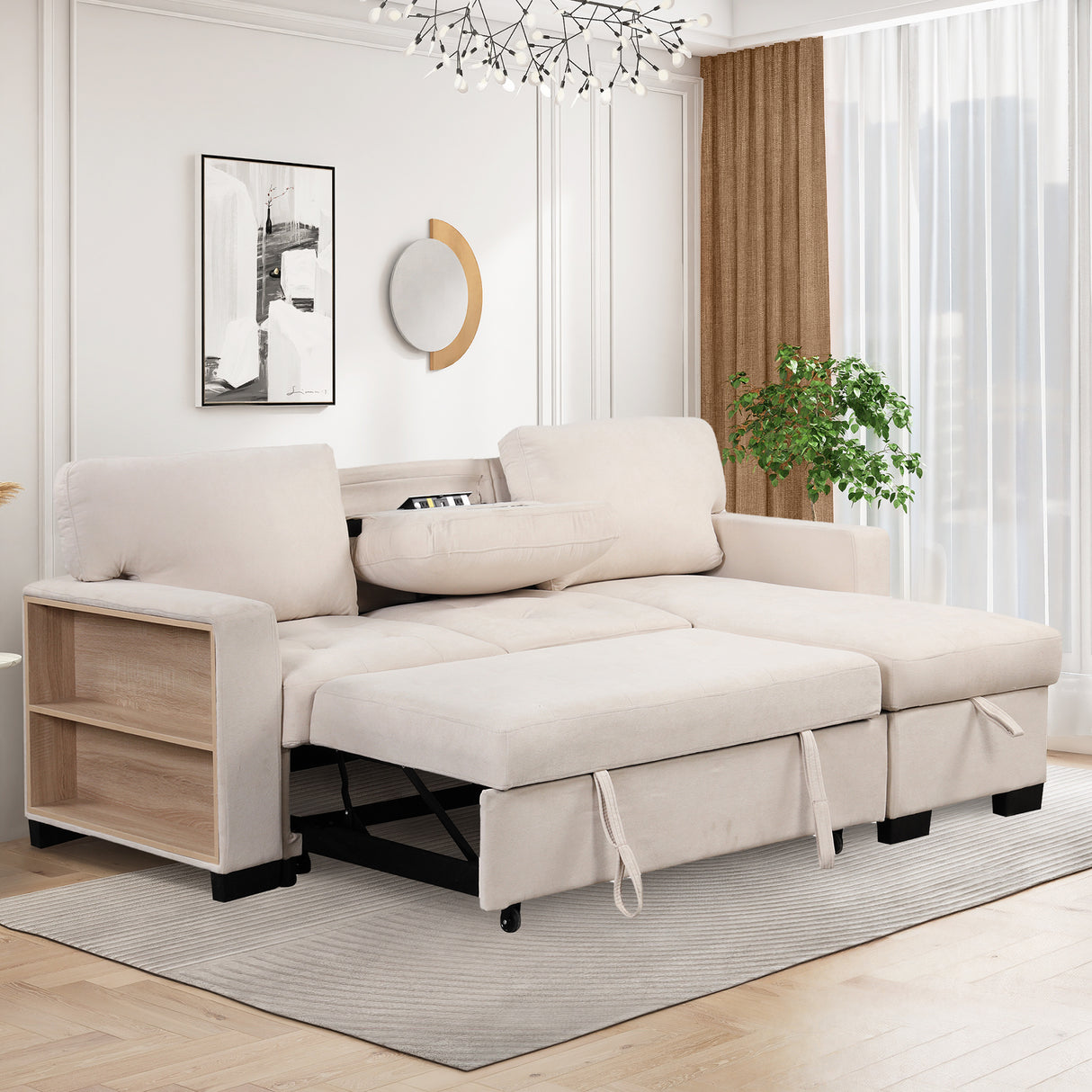 Sleeper Sofa Chaise with Storage  and USB Charger - Beige