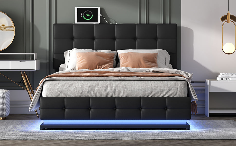 Queen Tufted Upholstered Platform Bed with Hydraulic Storage System with LED Lights and USB charger, Black