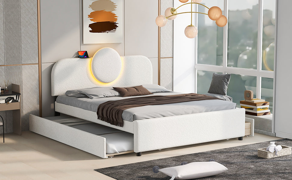 Queen Size Upholstered Platform Bed with Multi-functional Headboard, Trundle and 2 Drawers, White