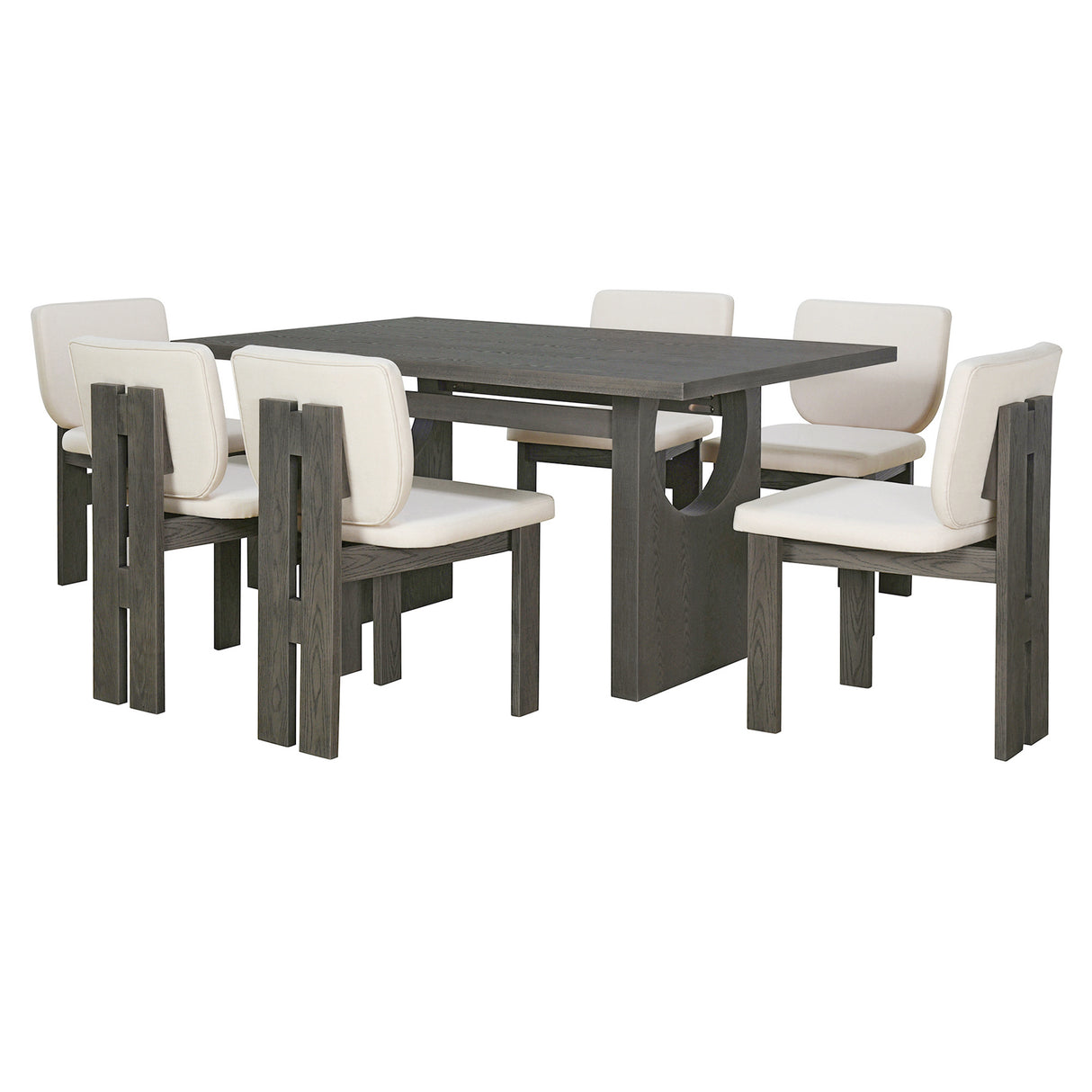 TREXM 7-Piece Retro Dining Set With Trestle Base and 6 Upholstered Chairs (Grey)