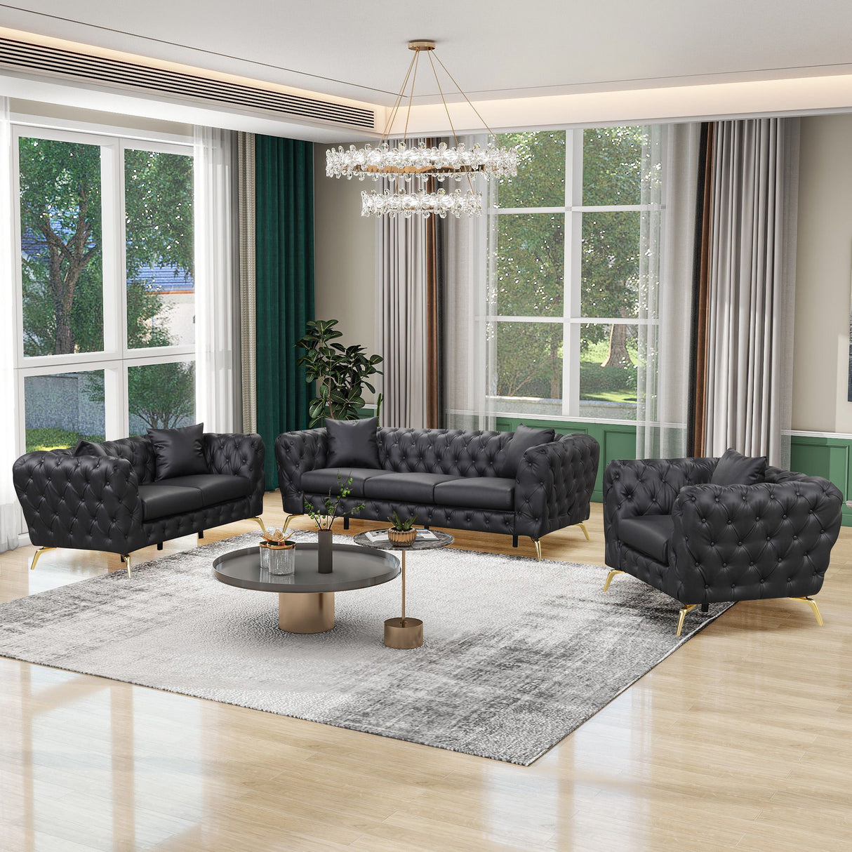 Modern 3 Piece Sofa Set With Sturdy Metal Legs, Button Tufted Back Including Sofa, Loveseat And Chair - Black