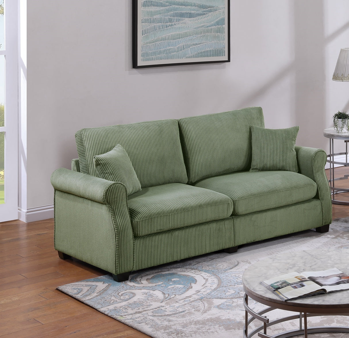 2 PC Living Room Set Including Sofa and love Seat With Pillows -Sage Green