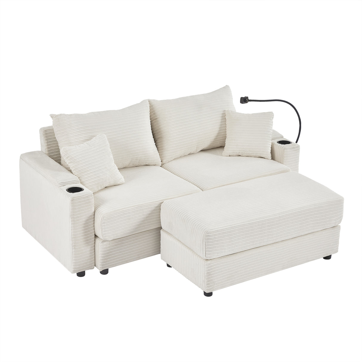 72.8" Modern Style Loveseat with Storage Space, Movable Ottoman, Two USB Ports, Two Cup Holders and Phone Holder - Beige