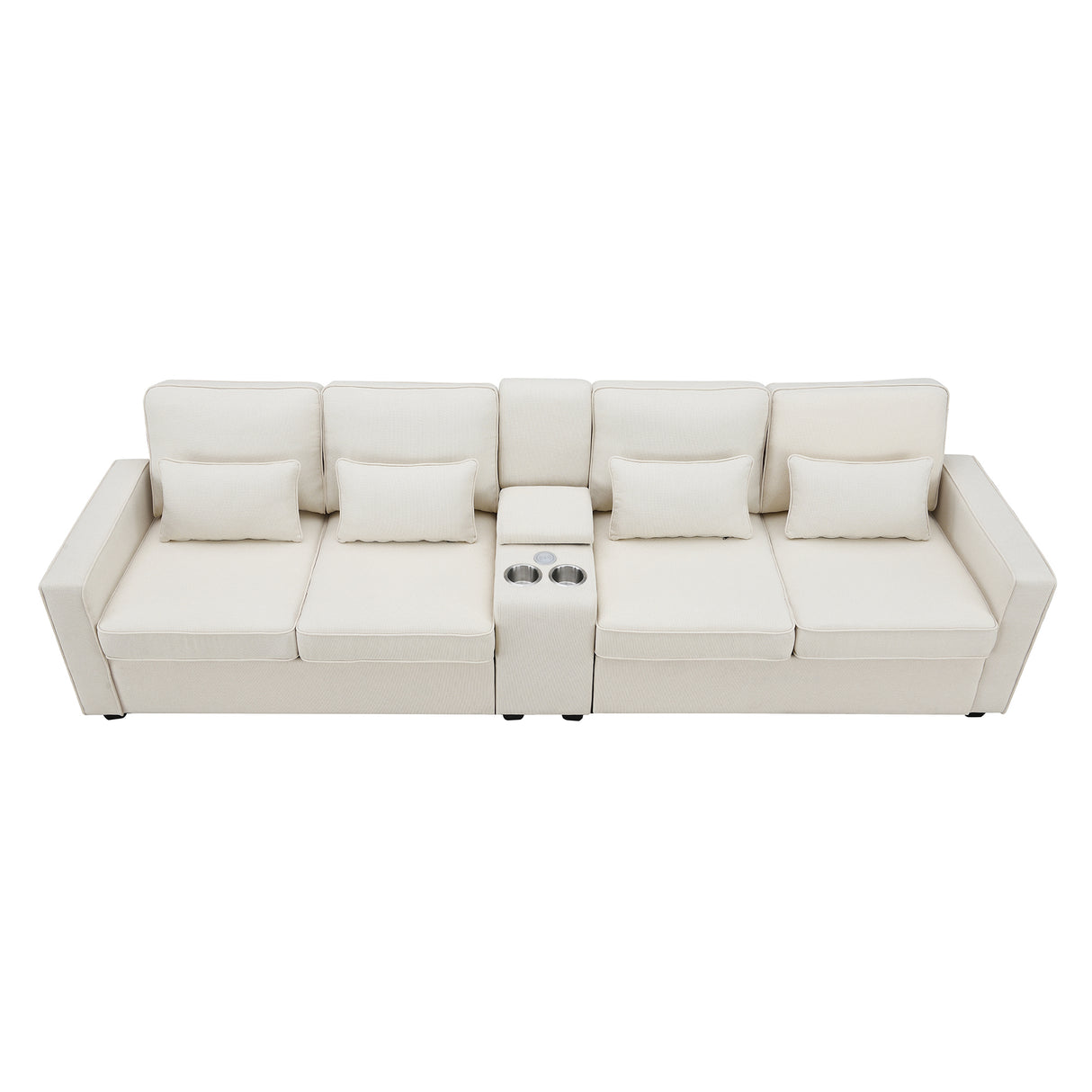 114.2" Upholstered Sofa with Console, 2 Cupholders and 2 USB Ports for Wired or Wireless Charge with 4 Pillows - Beige