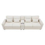 114.2" Upholstered Sofa with Console, 2 Cupholders and 2 USB Ports for Wired or Wireless Charge with 4 Pillows - Beige