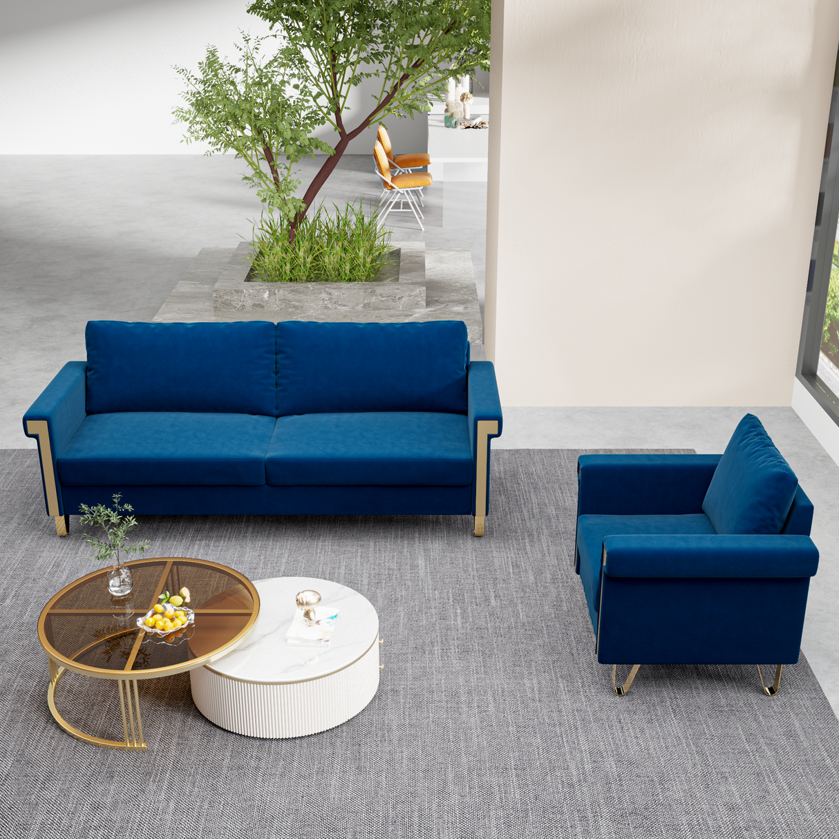 2 Piece Living room Set With Sofa and Chair, Velvet Blue