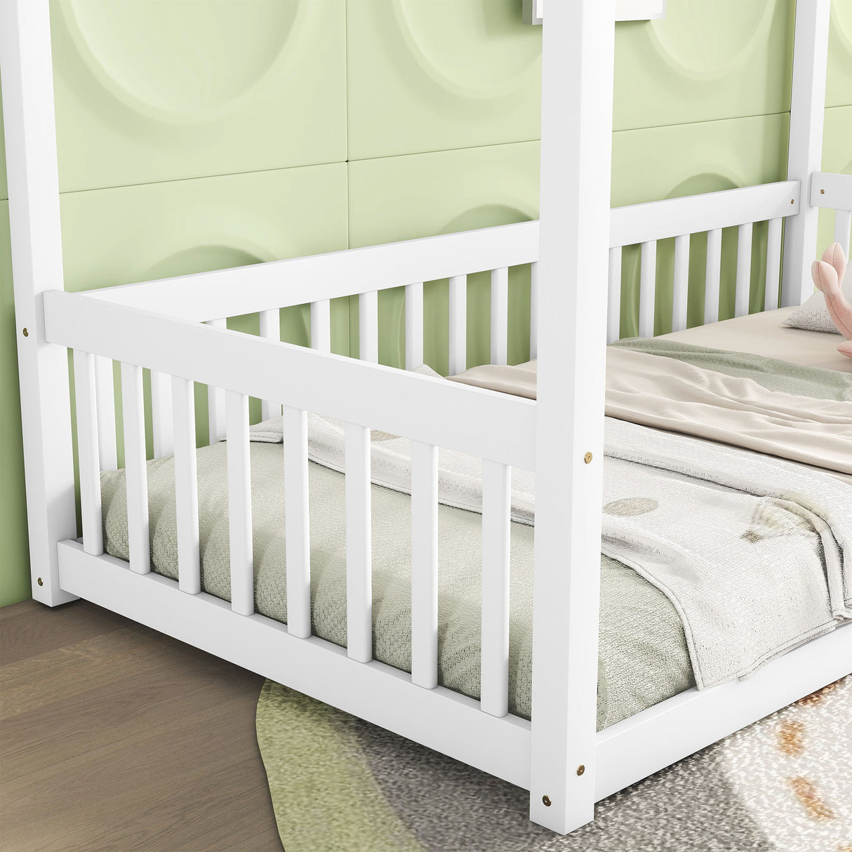 Canopy Frame Floor Bed With Fence, Guardrails