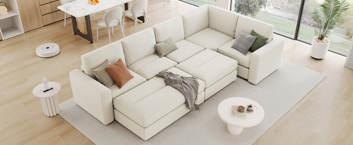 121.3" Modular Sectional Sofa with Two Movable Ottomans,  Beige